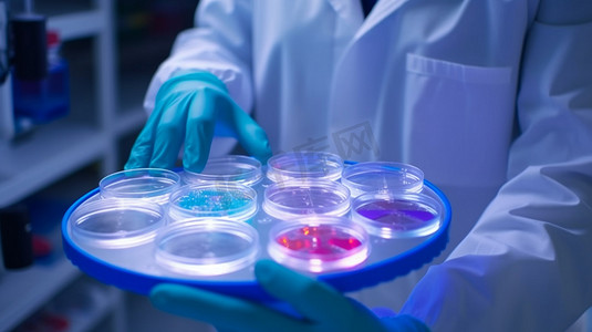 药物研究科学家与培养皿杯板。