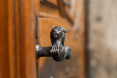 设计门头摄影照片_带有狮子图案的古董门把手。