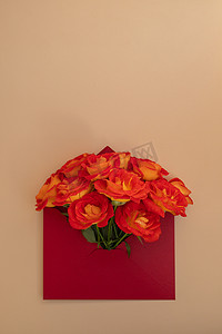 美丽的红玫瑰花在中性米色背景的邮政红包中，复制文本空间，春天，节日贺卡。