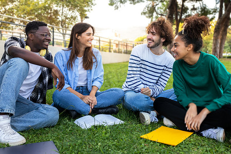 多种族大学生坐在校园草地上一起学习。