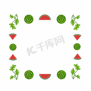 用西瓜、西瓜片和树叶制作照片的方形框架。
