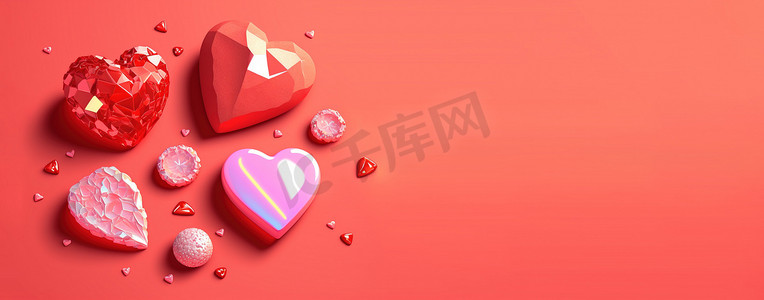 情人节 3D 插图设计心形钻石和水晶主题横幅和背景
