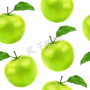 插图现实主义无缝图案水果苹果绿色白色孤立背景