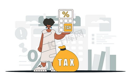 预算表格摄影照片_美丽的女人手里拿着一个计算器插图展示了纳税对经济发展的重要性。