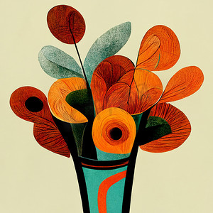 极简主义背景摄影照片_花瓶与春天橙色鲜花花束在极简主义的复古风格。