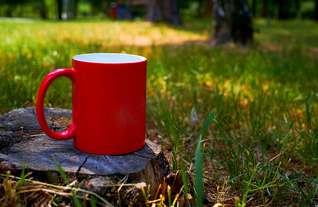 在阳光明媚的阳光明媚的日子里，在阳光明媚的草地上的树桩上喝一杯红杯