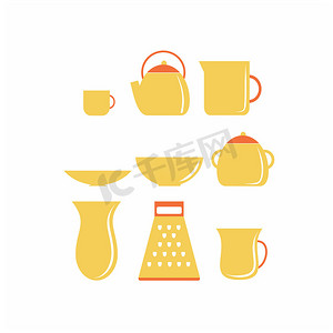 水壶剪贴画摄影照片_一套黄色厨房用具和家居用品。
