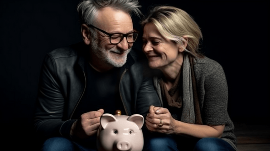 投硬币摄影照片_幸福的一对夫妇在小猪银行投