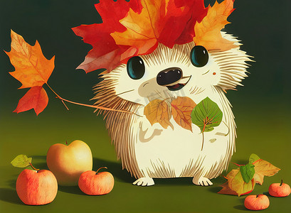 秋天森林卡通摄影照片_可爱的卡通刺猬角色携带蘑菇的插图和高质量的 2d 插图。