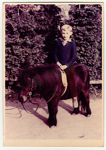 白色的小马摄影照片_复古照片显示男孩坐在游乐园的小马身上。