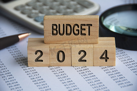具有数据分析和办公室概念背景的木块上的 2024 年预算文本。