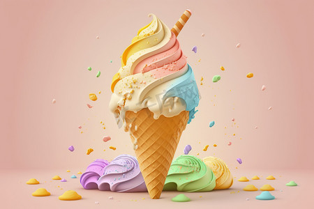 冰淇淋紫薯摄影照片_柔和背景 3D 风格 3D 插图上不同颜色的冰淇淋锥
