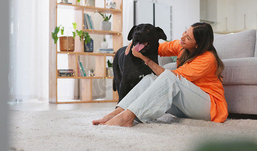 宠物主人摄影照片_家里有宠物主人的爱、支持和关怀，让女人、幸福和狗放松。