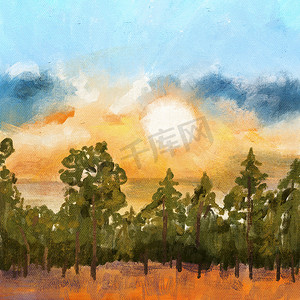 树木手绘摄影照片_日出日落天空中森林木材的手绘插图。