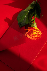 红色背景邮政红包中美丽的红玫瑰花，文本复制空间，春天，节日贺卡。