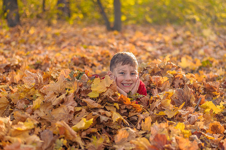 年轻快乐的家伙躺在森林里黄秋落叶中微笑