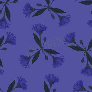 手绘花朵树叶装饰摄影照片_与手绘蓝色花朵的无缝模式。