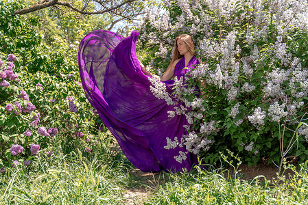 淡紫色花中的时装模特，穿着美丽长裙的年轻女子在风中挥舞，盛开的花园中的户外美女肖像