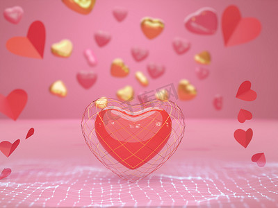 情人节快乐，红色背景上的红色心脏剪纸形状的 3d 渲染。