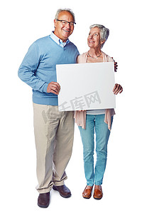模拟海报肖像、老人和夫妇与营销标语牌、广告横幅或产品放置。