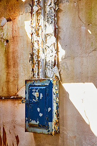 太阳黑子中带蓝色剥落彩绘电源盒的废弃石膏墙细节