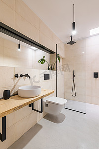 带马桶、大镜子和水槽的阁楼式浴室以及带米色瓷砖的玻璃淋浴间。