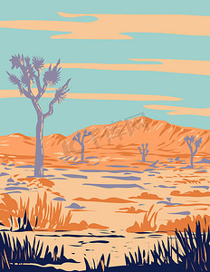 元宵猜灯谜海报素材摄影照片_加州莫哈韦沙漠约书亚树国家公园夏季 WPA 海报艺术