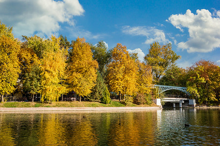 高尔基公园阿拉木图湖的秋天，树叶变红变黄