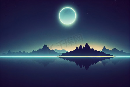 夜灯灯摄影照片_与抽象风景和海岛，月光的未来派夜风景，