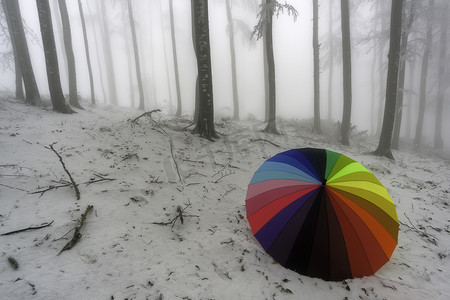 带彩伞的冬季山毛榉林景观