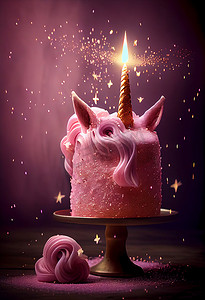 独角兽蛋糕设计，粉红色糖霜，燃烧蜡烛和闪闪发光的散景灯，生日，小女孩概念
