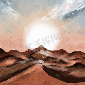 景观手绘摄影照片_在沙漠沙谷与沙丘 barchan 的日落日出的手绘插图。