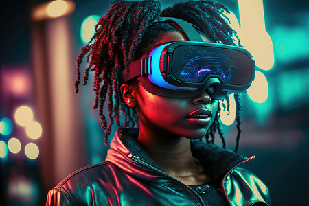 虚拟现实现实摄影照片_非洲女性戴着虚拟现实护目镜站在虚拟世界背景中