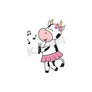 穿着裙子、拿着麦克风的可爱牛在聚会上唱着歌。 