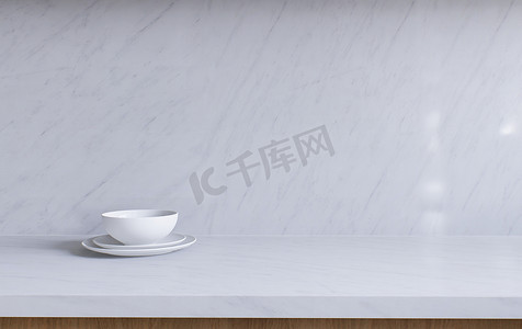 大理石白色摄影照片_有白色大理石的宽敞木厨房。 