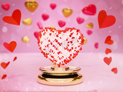 情人节快乐的讲台圆形舞台，在粉红色背景上用红色和金色的心形剪纸 3D 渲染。