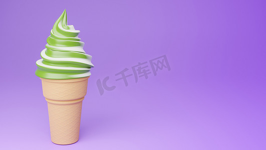 紫色背景脆锥上的绿茶和牛奶口味软冰淇淋。3d 模型和插图。