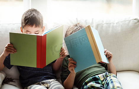 的男孩摄影照片_孩子们，为了教育、学习或在家庭沙发的客厅里放松学习而结合和阅读书籍。
