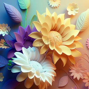 柔和的花艺设计花以柔和的色调为背景，复制文本空间，3d 设计，现代色彩缤纷的美丽花朵