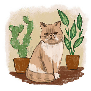 手绘 illsutration 与波斯异国情调的猫和鲜花室内植物在彩色背景上。