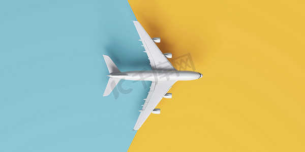 黄色和蓝色跑道上飞机的旅行概念平躺设计。