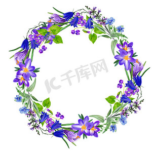 手绘花卉婚礼摄影照片_带番红花的田野紫罗兰花花圈，手绘水彩