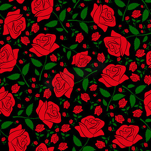 无缝花纹与黑色背景上的红玫瑰