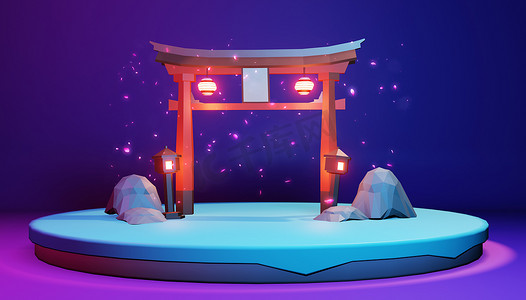 Low Poly - 紫蓝色背景中岛上的日本.3D redn