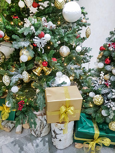 房间圣诞树附近的桦树桩上，用金纸包裹着漂亮的盒子，上面放着圣诞礼物
