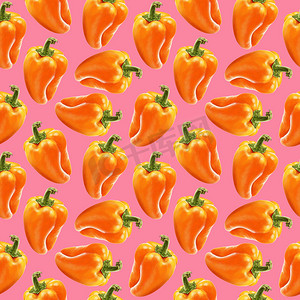 插图现实主义无缝图案蔬菜辣椒粉橙色蓝色背景。