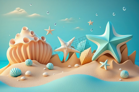 3D 海滩场景背景与海星和贝壳。