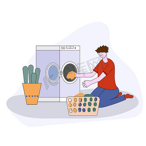 卡通平面插图 — 穿着蓝色连衣裙的男人，手里拿着折叠的衣服，旁边是洗衣机和洗涤剂