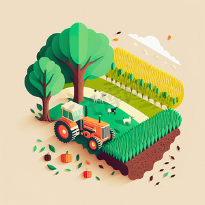 智能拖拉机摄影照片_农村景观背景下拖拉机耕田的农业形象。