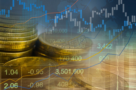 金融理财app个人中心摄影照片_股票市场投资交易金融、硬币和图表或外汇分析利润金融业务趋势数据背景。